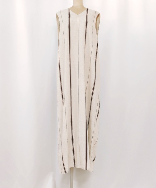 Q（キュー）の「ストライプ麻混ワンピース（ワンピース・レディース・カーキ系・MEDIUM）」の10枚目の写真