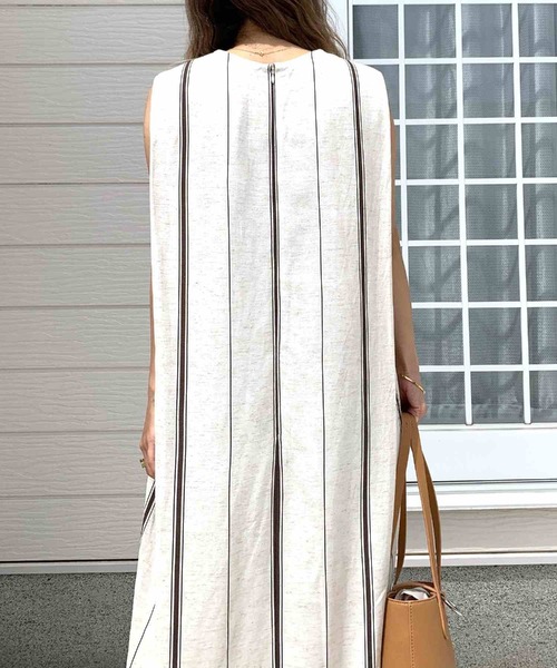 Q（キュー）の「ストライプ麻混ワンピース（ワンピース・レディース・カーキ系・MEDIUM）」の5枚目の写真
