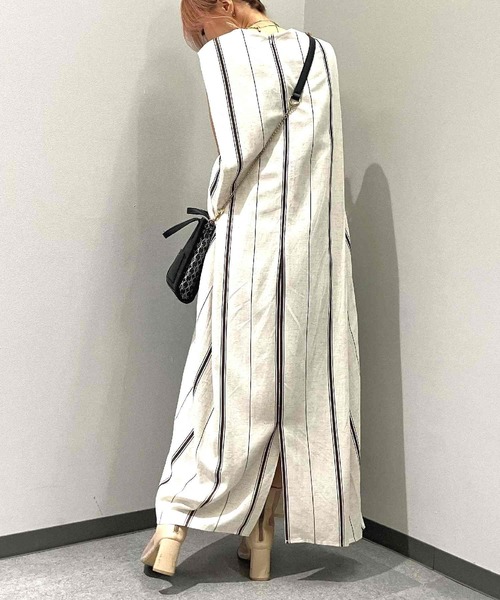 Q（キュー）の「ストライプ麻混ワンピース（ワンピース・レディース・カーキ系・MEDIUM）」の15枚目の写真
