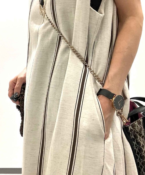 Q（キュー）の「ストライプ麻混ワンピース（ワンピース・レディース・カーキ系・MEDIUM）」の16枚目の写真
