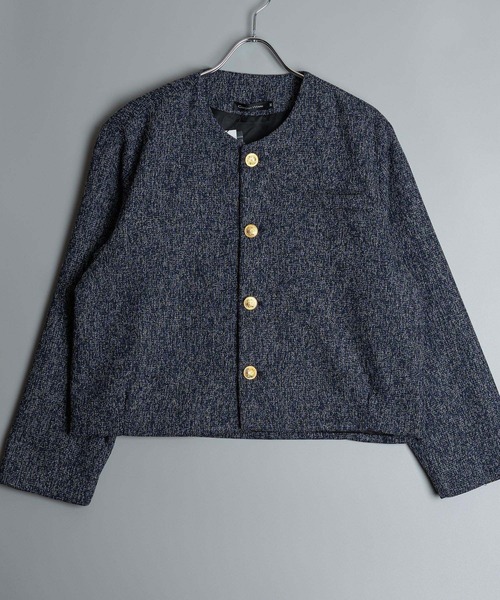 ツイード ゴールドボタン ノーカラー ショート丈 ジャケット(GW)