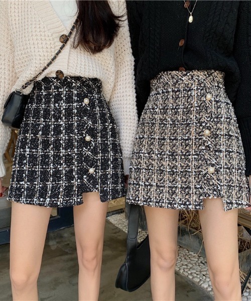 gossip!ロサンゼルス(ゴシップロサンゼルス)の「ウールライク ヴィンテージチェック厚手ミニスカート(インパン付)(秋冬の定番スカート)(スカート・レディース・ベージュ/ブラック・M/S/L)」の4枚目の写真