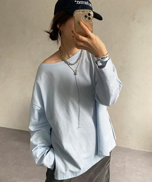 DouDou(ドゥドゥ)の「【SAKURA @___saku14_ 企画】BIGロンTEE(Tシャツ/カットソー・レディース・オフホワイト/ネイビー/ブラウン/ピンク/グレー/サックスブルー・FREE)」の5枚目の写真