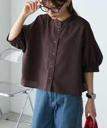 アソートリネンライクボリュームスリーブバンドカラー半袖シャツ