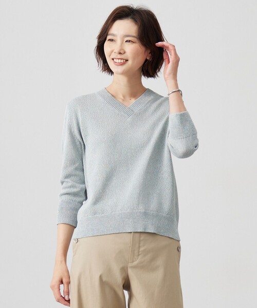 J.PRESS(ジェイプレス)の「【洗える】GIMA COTTON ミックスカラー Vネック ニット(ニット/セーター・レディース・グレー系3/ライトグリーン系3/イエロー系3・T13/T15)」の2枚目の写真