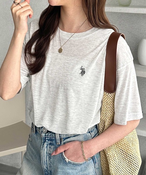 U.S. POLO ASSN.(ユーエスポロアッスン)の「GeeRA別注【U.S. POLO ASSN.】ワンポイント刺繍スラブシアーカラー&ボーダーTシャツ(Tシャツ/カットソー・レディース・オートミール/ホワイト系その他/ピンク/オフホワイト/ブラック・LARGE/X-LARGE/MEDIUM/SMALL)」の4枚目の写真