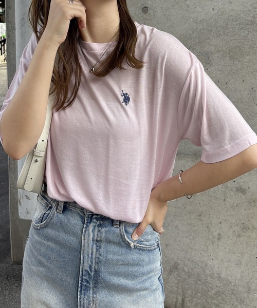 U.S. POLO ASSN.(ユーエスポロアッスン)の「GeeRA別注【U.S. POLO ASSN.】ワンポイント刺繍スラブシアーカラー&ボーダーTシャツ(Tシャツ/カットソー・レディース・オートミール/ホワイト系その他/ピンク/オフホワイト/ブラック・LARGE/X-LARGE/MEDIUM/SMALL)」の5枚目の写真
