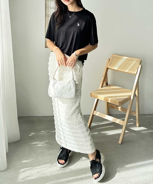 U.S. POLO ASSN.(ユーエスポロアッスン)の「GeeRA別注【U.S. POLO ASSN.】ワンポイント刺繍スラブシアーカラー&ボーダーTシャツ(Tシャツ/カットソー・レディース・オートミール/ホワイト系その他/ピンク/オフホワイト/ブラック・LARGE/X-LARGE/MEDIUM/SMALL)」の6枚目の写真