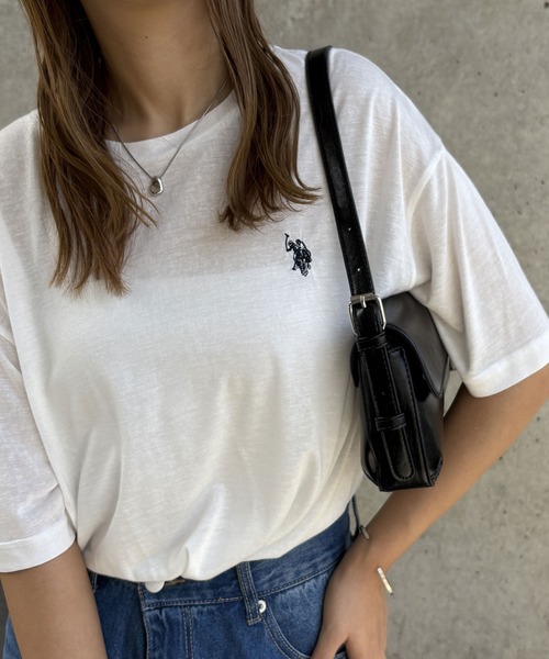 U.S. POLO ASSN.(ユーエスポロアッスン)の「GeeRA別注【U.S. POLO ASSN.】ワンポイント刺繍スラブシアーカラー&ボーダーTシャツ(Tシャツ/カットソー・レディース・オートミール/ホワイト系その他/ピンク/オフホワイト/ブラック・LARGE/X-LARGE/MEDIUM/SMALL)」の11枚目の写真