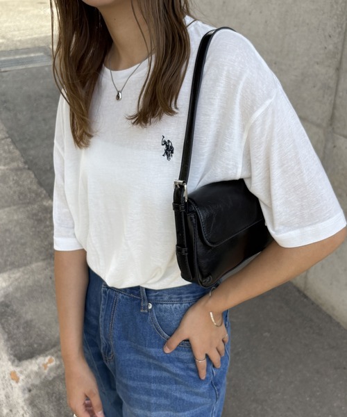 U.S. POLO ASSN.(ユーエスポロアッスン)の「GeeRA別注【U.S. POLO ASSN.】ワンポイント刺繍スラブシアーカラー&ボーダーTシャツ(Tシャツ/カットソー・レディース・オートミール/ホワイト系その他/ピンク/オフホワイト/ブラック・LARGE/X-LARGE/MEDIUM/SMALL)」の12枚目の写真