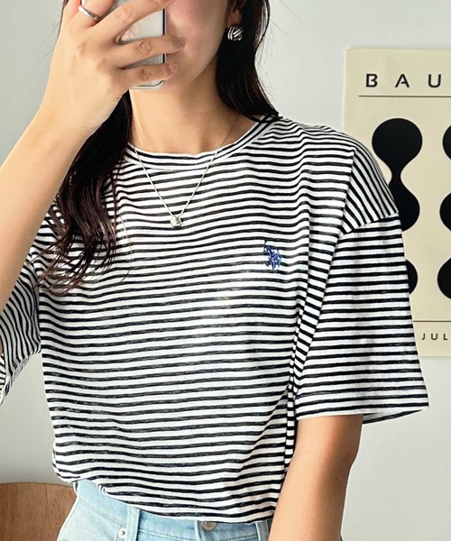 U.S. POLO ASSN.(ユーエスポロアッスン)の「GeeRA別注【U.S. POLO ASSN.】ワンポイント刺繍スラブシアーカラー&ボーダーTシャツ(Tシャツ/カットソー・レディース・オートミール/ホワイト系その他/ピンク/オフホワイト/ブラック・LARGE/X-LARGE/MEDIUM/SMALL)」の13枚目の写真