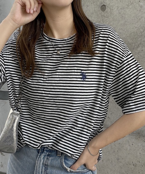 U.S. POLO ASSN.(ユーエスポロアッスン)の「GeeRA別注【U.S. POLO ASSN.】ワンポイント刺繍スラブシアーカラー&ボーダーTシャツ(Tシャツ/カットソー・レディース・オートミール/ホワイト系その他/ピンク/オフホワイト/ブラック・LARGE/X-LARGE/MEDIUM/SMALL)」の14枚目の写真