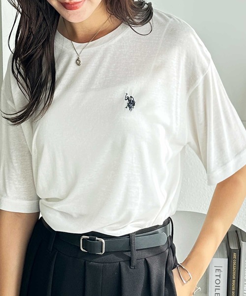 U.S. POLO ASSN.(ユーエスポロアッスン)の「GeeRA別注【U.S. POLO ASSN.】ワンポイント刺繍スラブシアーカラー&ボーダーTシャツ(Tシャツ/カットソー・レディース・オートミール/ホワイト系その他/ピンク/オフホワイト/ブラック・LARGE/X-LARGE/MEDIUM/SMALL)」の10枚目の写真