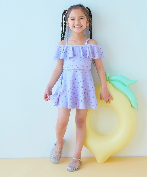 devirock(デビロック)の「2WAYで着られる UVカット ワンピース風セパレート水着(水着・キッズ・パープル系1/サックスブルー系/ホワイト系2/ホワイト系1・160cm/150cm/140cm/130cm/120cm/110cm/100cm)」の5枚目の写真