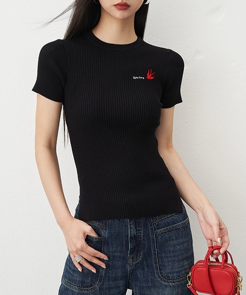 SUWDEE（スーディー）の「embroidery logo rib knit tops（Tシャツ/カットソー・レディース・ホワイト/ブラック・FREE）」の4枚目の写真