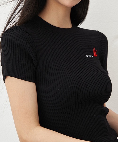 SUWDEE（スーディー）の「embroidery logo rib knit tops（Tシャツ/カットソー・レディース・ホワイト/ブラック・FREE）」の6枚目の写真