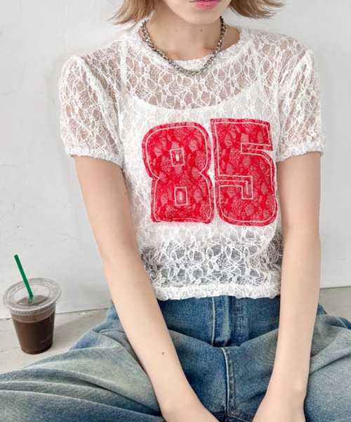 SOLLON.(ソルロン)の「レースナンバリング半袖トップス(Tシャツ/カットソー・レディース・ホワイト/ブラック・FREE)」の2枚目の写真