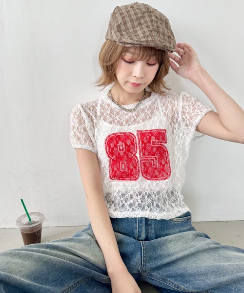 SOLLON.(ソルロン)の「レースナンバリング半袖トップス(Tシャツ/カットソー・レディース・ホワイト/ブラック・FREE)」の6枚目の写真