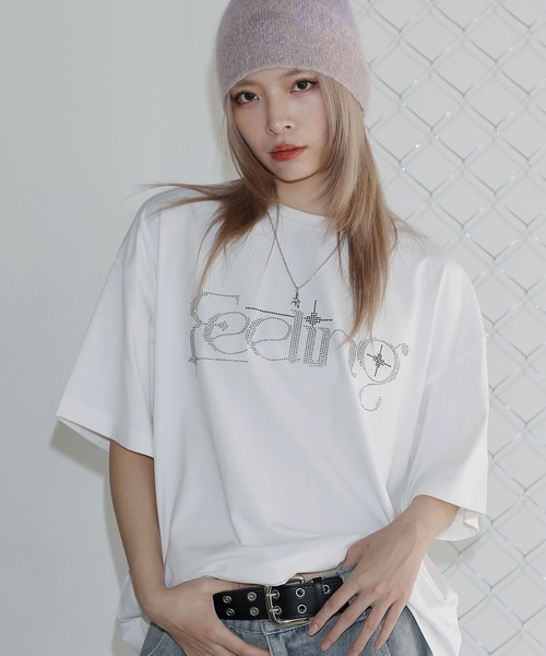 tシャツ ストーンメッセージTシャツ レディース ラインストーン短丈半袖Tシャツ【UNISEX】（Tシャツ/カットソー