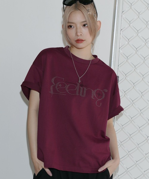 tシャツ ストーンメッセージTシャツ レディース ラインストーン短丈半袖Tシャツ【UNISEX】（Tシャツ/カットソー
