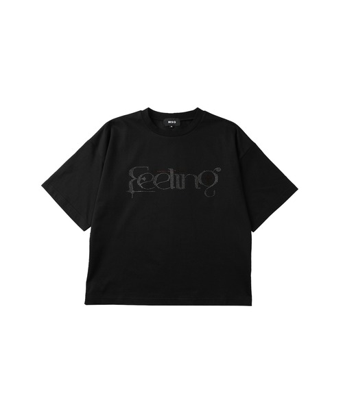 25116　ハイネック　花柄　黒　ラインストーン　ロゴ　Tシャツ　コットン　半袖 ラインストーンロゴ刺繍Tシャツ[pm476] | レディース