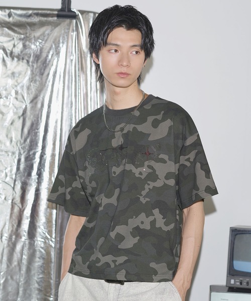 セール】ラインストーン短丈半袖Tシャツ【UNISEX】（Tシャツ