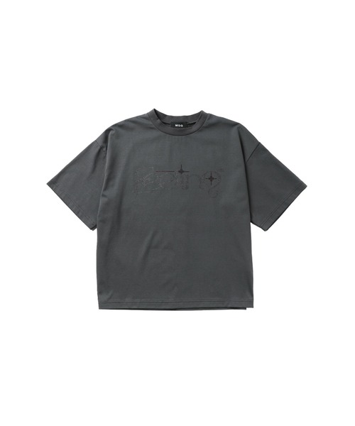 25116　ハイネック　花柄　黒　ラインストーン　ロゴ　Tシャツ　コットン　半袖 花柄ハイネックTシャツ