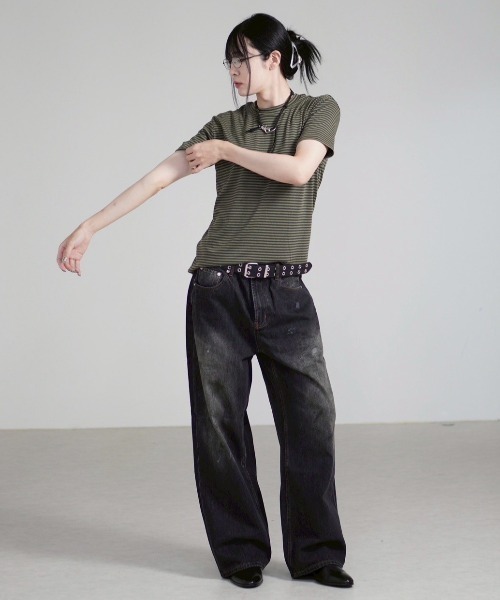 Chikashitsu +（チカシツプラス）の「【Chikashitsu +】dirty wash semi wide denim / 【チカシツプラス】ダーティーウォッシングセミワイドデニムパンツ＜着用動画あり＞（デニムパンツ・メンズ・ブラック/ブルー・M/L）」の15枚目の写真