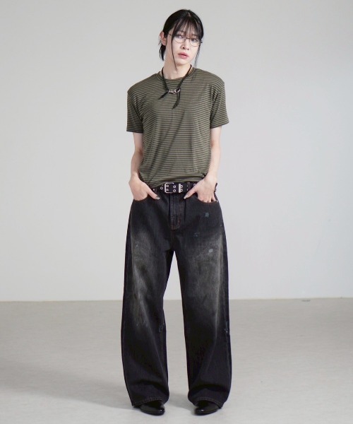 Chikashitsu +（チカシツプラス）の「【Chikashitsu +】dirty wash semi wide denim / 【チカシツプラス】ダーティーウォッシングセミワイドデニムパンツ＜着用動画あり＞（デニムパンツ・メンズ・ブラック/ブルー・M/L）」の16枚目の写真
