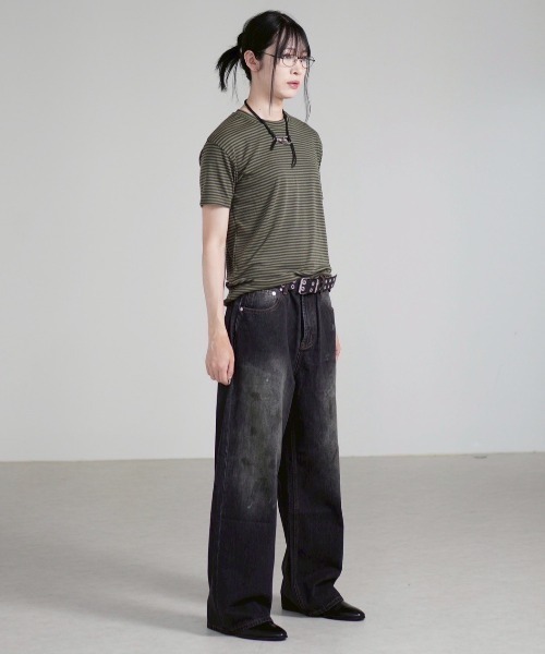 Chikashitsu +（チカシツプラス）の「【Chikashitsu +】dirty wash semi wide denim / 【チカシツプラス】ダーティーウォッシングセミワイドデニムパンツ＜着用動画あり＞（デニムパンツ・メンズ・ブラック/ブルー・M/L）」の17枚目の写真