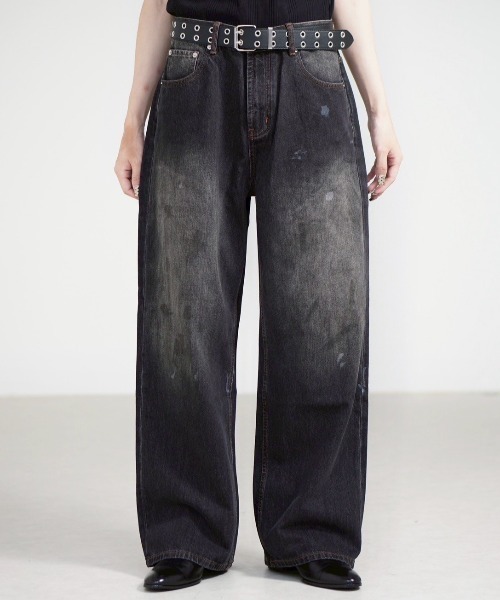 Chikashitsu +（チカシツプラス）の「【Chikashitsu +】dirty wash semi wide denim / 【チカシツプラス】ダーティーウォッシングセミワイドデニムパンツ＜着用動画あり＞（デニムパンツ・メンズ・ブラック/ブルー・M/L）」の19枚目の写真