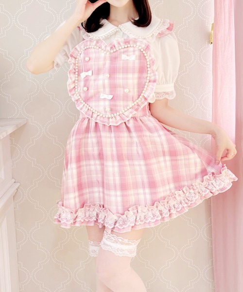 Pretty Days 赤チェック　ハートエプロンスカート　プラスサイズ ハートエプロン＆サーキュラースカートセット【赤チェック