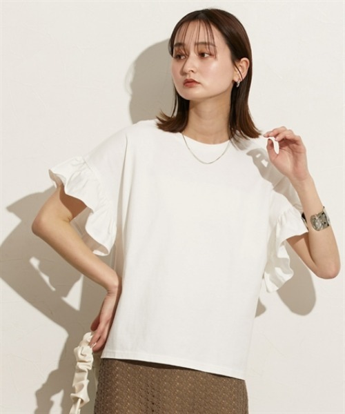 nissen（ニッセン）の「綿１００％　ショルダーフリルＴシャツ（Tシャツ/カットソー・レディース・オフホワイト/チャコール/ピンク/ブラック×ホワイト・M/L）」の17枚目の写真