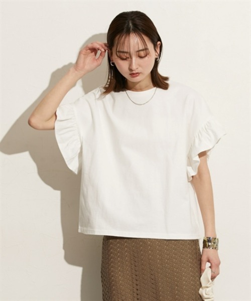 nissen（ニッセン）の「綿１００％　ショルダーフリルＴシャツ（Tシャツ/カットソー・レディース・オフホワイト/チャコール/ピンク/ブラック×ホワイト・M/L）」の18枚目の写真