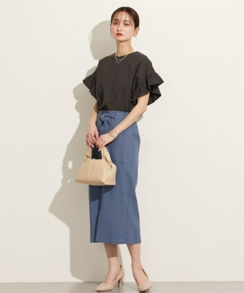 nissen（ニッセン）の「綿１００％　ショルダーフリルＴシャツ（Tシャツ/カットソー・レディース・オフホワイト/チャコール/ピンク/ブラック×ホワイト・M/L）」の10枚目の写真