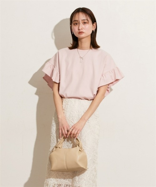 nissen（ニッセン）の「綿１００％　ショルダーフリルＴシャツ（Tシャツ/カットソー・レディース・オフホワイト/チャコール/ピンク/ブラック×ホワイト・M/L）」の13枚目の写真