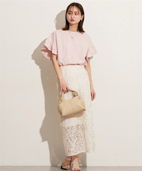 nissen（ニッセン）の「綿１００％　ショルダーフリルＴシャツ（Tシャツ/カットソー・レディース・オフホワイト/チャコール/ピンク/ブラック×ホワイト・M/L）」の14枚目の写真