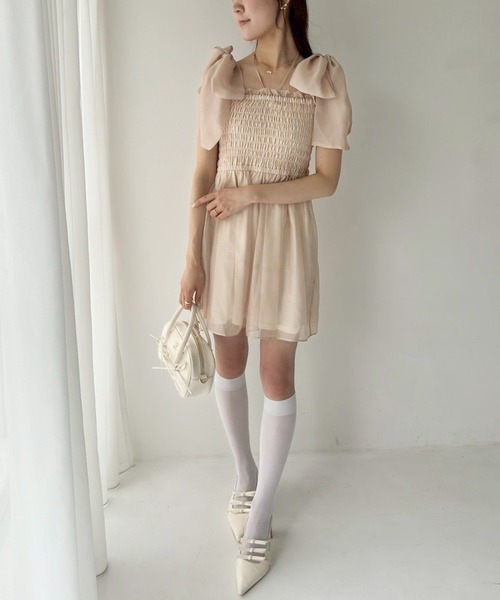 美品　CHANEL ホワイトサマーワンピース　肩リボン　チュニック　フレア 楽天市場】バックサテンジョーゼット・ボウタイデザインフィット