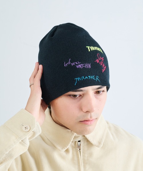 THRASHER(スラッシャー)の「【THRASHER】THRASHER マルチロゴニット帽 YMY(ニットキャップ/ビーニー・メンズ・ブラック系1/ブラック/グレー・FREE)」の3枚目の写真