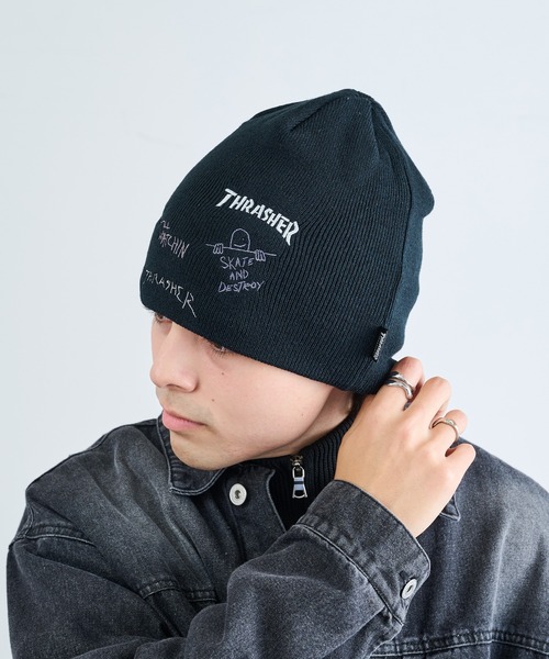 THRASHER(スラッシャー)の「【THRASHER】THRASHER マルチロゴニット帽 YMY(ニットキャップ/ビーニー・メンズ・ブラック系1/ブラック/グレー・FREE)」の2枚目の写真