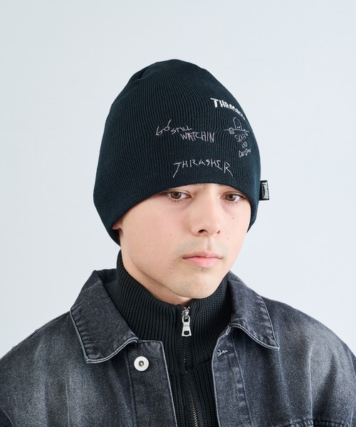 THRASHER(スラッシャー)の「【THRASHER】THRASHER マルチロゴニット帽 YMY(ニットキャップ/ビーニー・メンズ・ブラック系1/ブラック/グレー・FREE)」の6枚目の写真