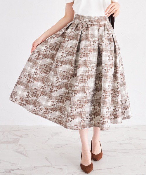 セール】千鳥×チェック柄ジャガードギャザーフレアスカート（スカート