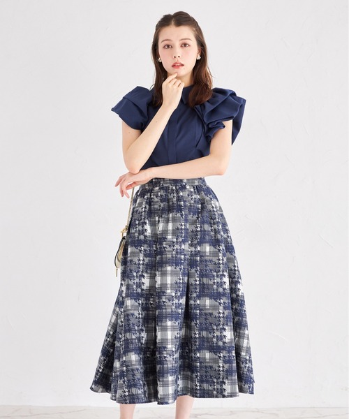 セール】千鳥×チェック柄ジャガードギャザーフレアスカート（スカート