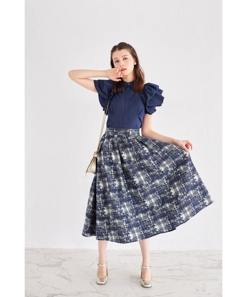セール】千鳥×チェック柄ジャガードギャザーフレアスカート（スカート