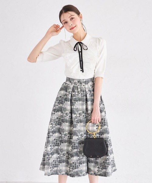 セール】千鳥×チェック柄ジャガードギャザーフレアスカート（スカート