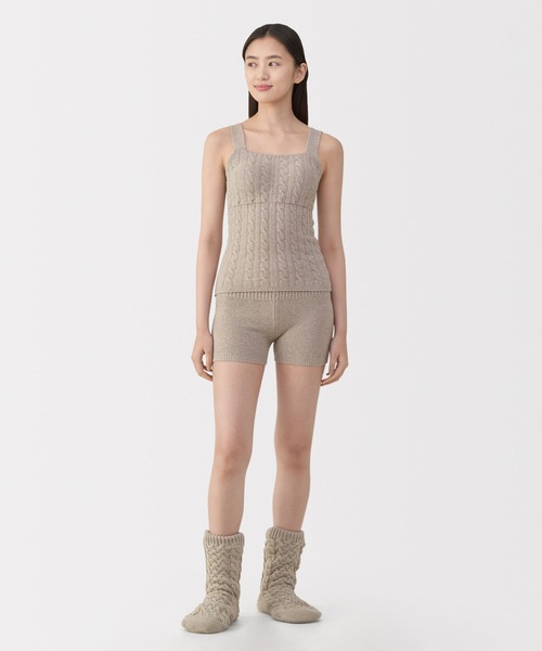 セール】婦人 コットン混もこもこニットブラタンクトップ ケーブル柄