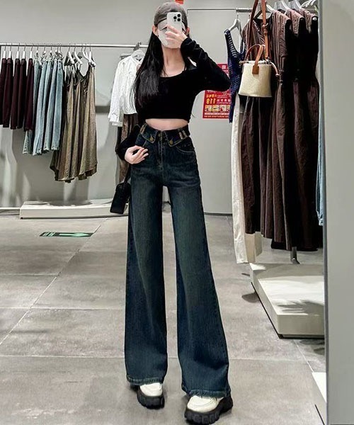 gossip！ロサンゼルス（ゴシップロサンゼルス）の「W ボタンウエスト ヴィンテージ褪色加工 ハイウエストフレアデニムパンツ レディース ブーツカット ストリートコーデ（デニムパンツ・レディース・インディゴブルー・S/M）」の5枚目の写真
