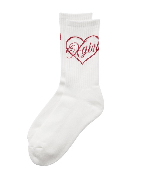 X-girl(エックスガール)の「HEART SCRIPT LOGO RIB SOCKS(ソックス/靴下・レディース・ネイビー/ホワイト/ブラック・ONE SIZE)」の1枚目の写真