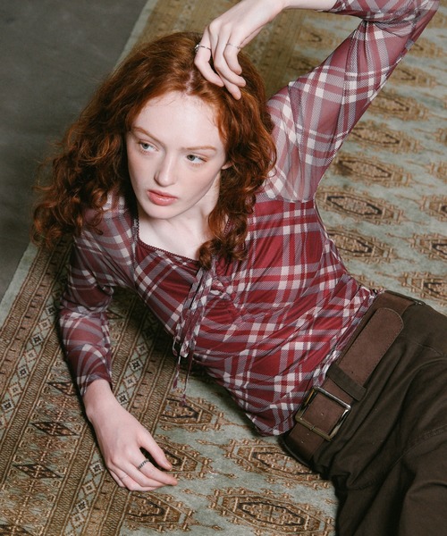 3.3 Field Trip （3.3フィールドトリップ）の「3.3 Field Trip／チェックリボンシアーロングスリーブ（Tシャツ/カットソー・レディース・ブラウン/ブラック/レッド・FREE）」の18枚目の写真