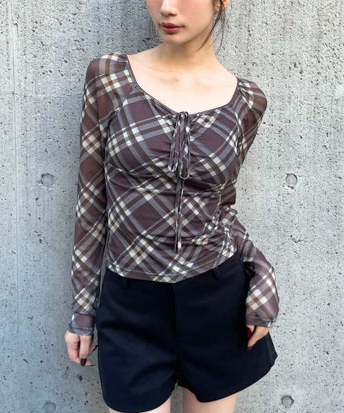 3.3 Field Trip （3.3フィールドトリップ）の「3.3 Field Trip／チェックリボンシアーロングスリーブ（Tシャツ/カットソー・レディース・ブラウン/ブラック/レッド・FREE）」の19枚目の写真